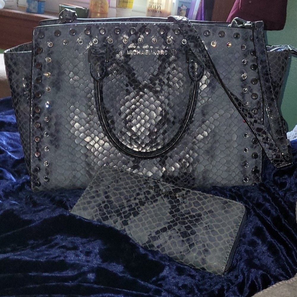 Blue Snakeskin studded Michael kors bag an wallet